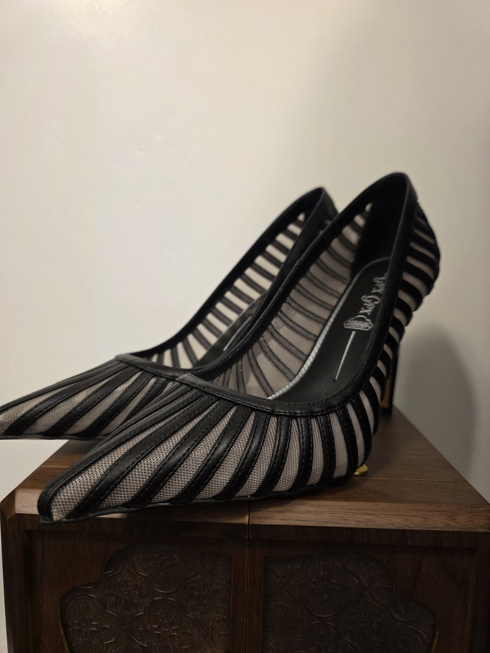 Women's Black Striped Mesh Pointed-Toe Pumps